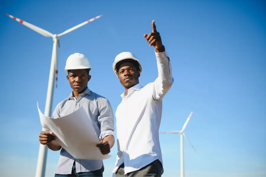 Energy professionals reviewing plans at a wind farm